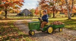 A green farm pedal tractor for kids equipped with a detachable trailer hauling autumn leaves.
