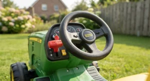 Young child wearing a winter toque while riding an electric farm tractor on a paved driveway in Canada.