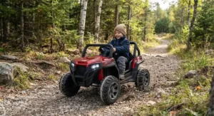 A rugged 24v kids UTV tackling a gravel trail, designed for outdoor Canadian adventures.