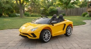 Yellow luxury 2 seater electric ride on kids sports car showcasing sleek styling and rubber traction strips