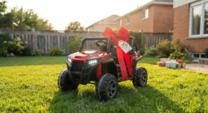 A shiny 24v kids UTV parked on a residential lawn, making for a perfect birthday or holiday gift.