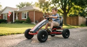 A modern pedal go-kart for young riders, retailing for under $150 CAD in Canada.