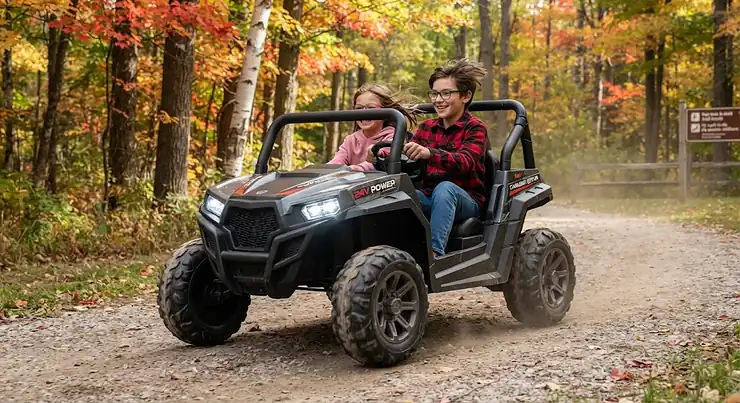 Two older children riding together in a powerful 24v two-seater electric car designed for bigger kids.