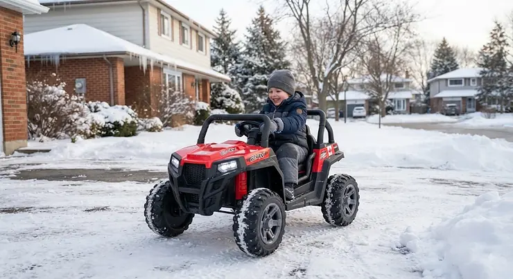 A young child driving a 24v kids UTV on a snowy driveway in a Canadian suburban setting.
