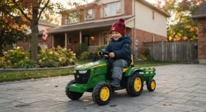 Close-up of the dashboard and steering wheel of a rechargeable ride-on farm tractor for toddlers.