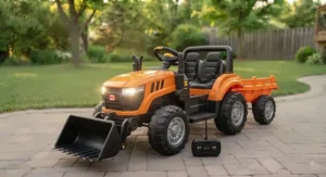 Orange remote control 2 seater electric ride on kids tractor with working lights and a horn