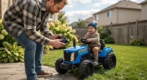 Child operating a ride-on electric tractor with a functional front loader scooping autumn leaves in a backyard.