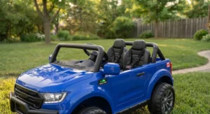 Blue safe 2 seater electric ride on kids vehicle equipped with adjustable seatbelts and slow start technology