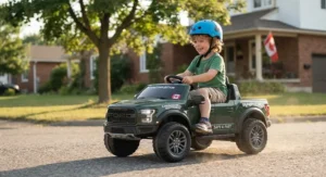 A child wearing a helmet while operating the fastest electric ride-on toy truck, prioritizing safety during Canadian outdoor play.
