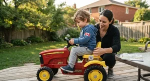 A parent helping their child adjust the seat on a safe, CSA-compliant farm pedal tractor for kids.
