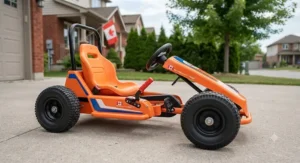 An ergonomic pedal race car for kids equipped with an easy-to-use handbrake for Canadian safety standards.