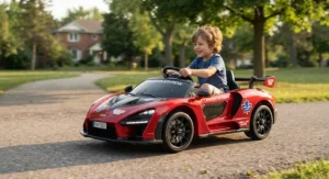 A sleek, fast electric ride-on toy sports car, capturing the thrill of the fastest electric models for Canadian children.