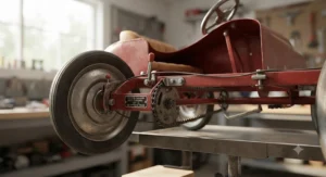 Detailed view of the low center of gravity and safety braking mechanism on a top-rated Canadian pedal car.