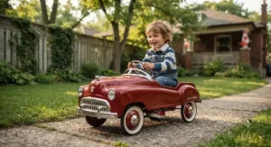 A young child smiling while steering a traditional red steel pedal car during a backyard playtest in Canada.