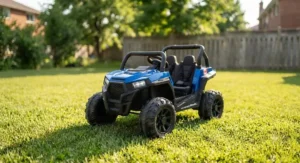 Two-seater kids electric off-road vehicle featuring rugged tires and safety seatbelts