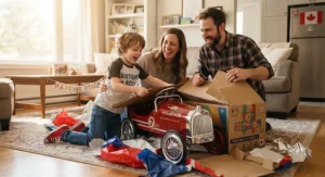 A family unboxing a brand new pedal race car for kids as a birthday gift in their living room.