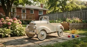 Cream-coloured vintage-style pedal car for backyard racing and games