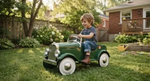 Green vintage-style pedal car for backyard adventures and imaginative play