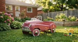 Charming pink vintage-style pedal car for backyard fun during summer
