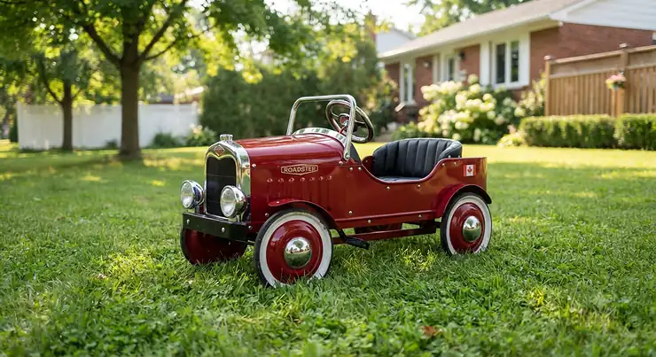 Classic red vintage-style pedal car parked on a green Canadian backyard lawn