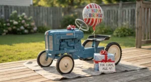 A vintage-inspired blue farm pedal tractor for kids displayed as a special birthday gift on a wooden deck.