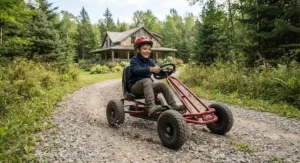 A young rider steering an off-road pedal go-kart down a gravel cottage driveway in the countryside.