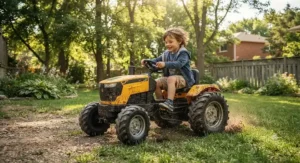 All-terrain pedal tractor for outdoor play showing off large traction wheels while riding through backyard grass.