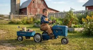 Blue pedal tractor with trailer toy set suitable for young children.