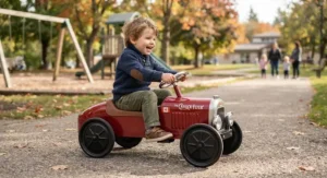 Little boy gripping the steering wheel of a vintage-style foot-to-floor ride-on car at a local park.