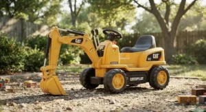 Yellow Caterpillar excavator foot-to-floor push ride-on toys designed for outdoor play