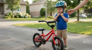 Young child carefully adjusting their properly fitted bicycle helmet before hopping onto their first pedal bike for preschoolers.