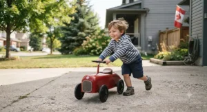 Young child playing outdoors with a foot-to-floor ride-on car on a sunny suburban driveway in Canada.