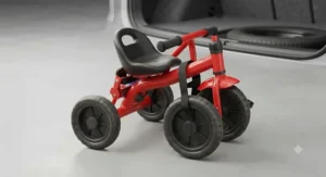 Compact and easily foldable pedal trike for toddlers designed for simple car trunk storage.