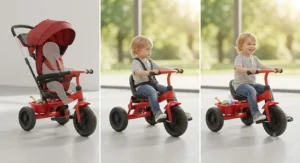 Multi-stage convertible pedal trike for toddlers that adapts from a stroller trike to an independent tricycle.