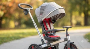 Close-up of the adjustable canopy and parental steering push handle on a convertible pedal trike.