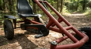 Sturdy powder-coated steel frame of an off-road pedal go-kart built to withstand rugged outdoor play.