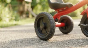 Close-up illustration of durable, all-terrain wheels on a pedal trike for toddlers.