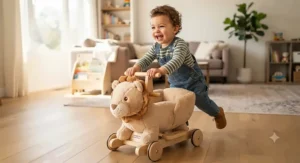 Toddler steering a small electric battery-powered ride-on car on a sidewalk