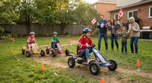 Canadian family cheering together while kids compete in friendly pedal go-karts for backyard racing events.
