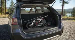 Compact folding pedal trike with push handle packed into the trunk of a family car for a Canadian road trip.