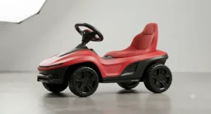 Side-angle studio shot of a modern foot-to-floor ride-on car with ergonomic steering and backrest.