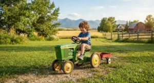 Bright green agricultural-style pedal tractor for outdoor play on a sunny summer afternoon in Western Canada.