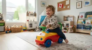 Smiling baby exploring a bright, colourful playroom on a four-wheel foot-to-floor ride-on car.