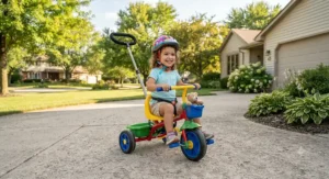 Smiling child enjoying a sunny afternoon ride on a colorful pedal trike with push handle in a suburban driveway.
