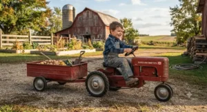 Durable metal pedal tractor with trailer built for rugged outdoor Canadian play.