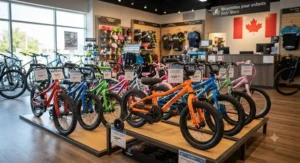 Selection of colourful children's bikes, including a premier first pedal bike for preschoolers, displayed in a Canadian cycling shop.