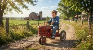 Classic red pedal tractor for outdoor play navigating a dirt pathway on a family farm in rural Ontario.