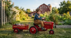 Young child riding a pedal tractor with trailer on a sunny afternoon.