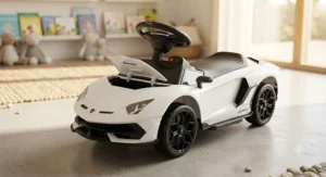 White licensed Lamborghini push ride-on toys model featuring a steering wheel and storage compartment