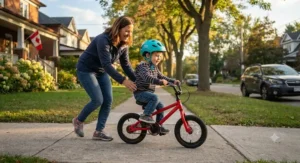 Parent guiding their young child on a first pedal bike for preschoolers along a quiet Canadian neighbourhood sidewalk.